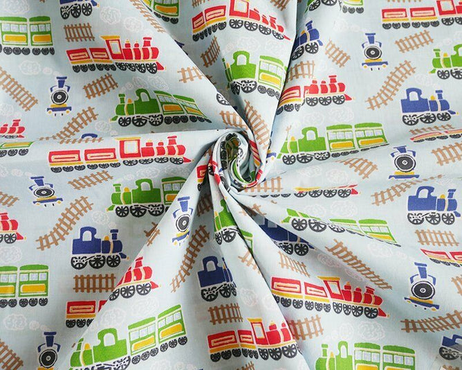 Train Track Sky Polycotton Children Fabric