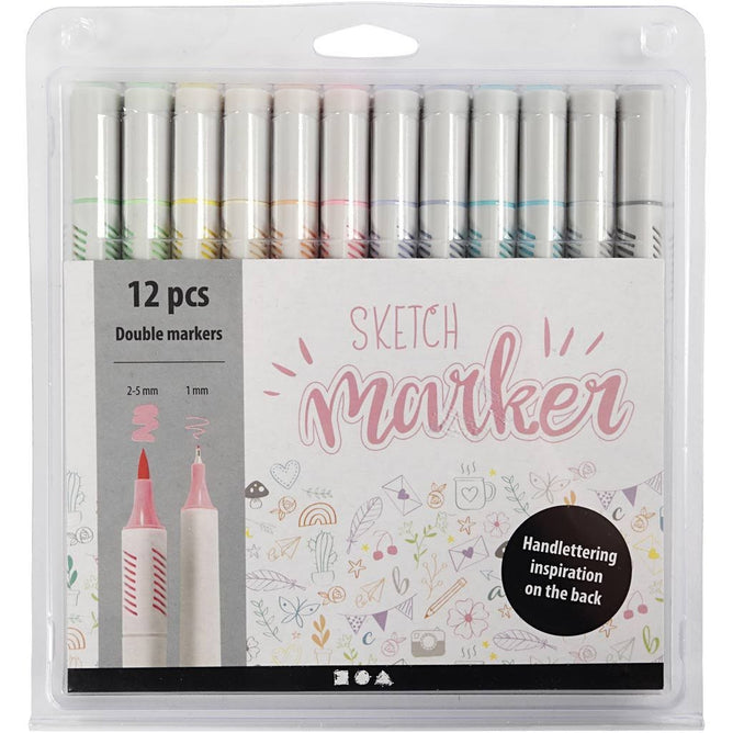 Sketch Marker Water Based Double Ended | Line 1+2+5mm Pastel Colours | 12Pc
