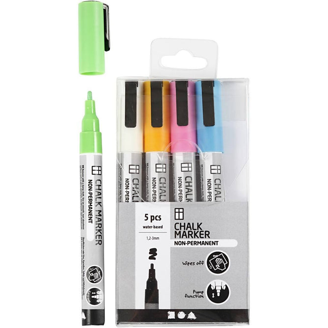 Chalk Markers Water-Based Non-Permanent Washable Line 1,2-3mm Bold Colours 5 Pieces