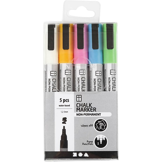 Chalk Markers Water-Based Non-Permanent Washable Line 1,2-3mm Bold Colours 5 Pieces
