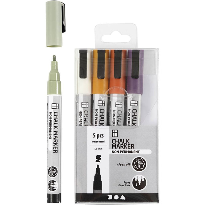 Chalk Markers Water-Based Non-Permanent Washable Line 1,2-3mm Mute Natural Colours 5 Pieces