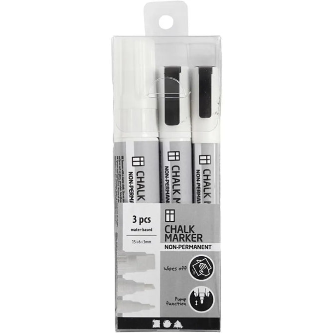 Chalk Markers Water-Based Non-Permanent Washable Line 3. 6. 15mm White 3 pc