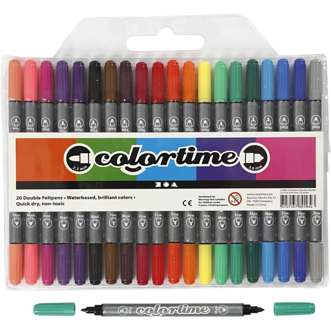 20 Double Marker Water Based Standard Colours 2 Sized Tips Line Width 2.3+3.6 mm