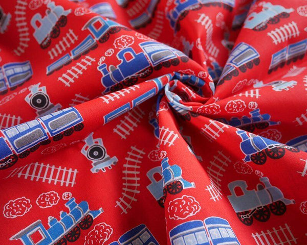 Train Track Red Polycotton Children Fabric