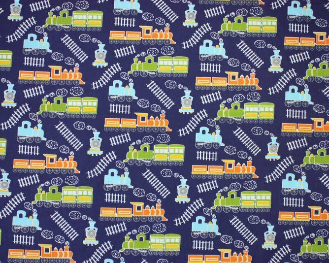 Train Track Navy Polycotton Children Fabric