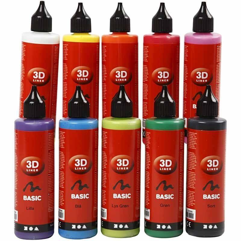 3D Liner Assorted Basic Colour Paint For Cardboards Fabrics Painting 10 x 100 ml - Home - Crafts