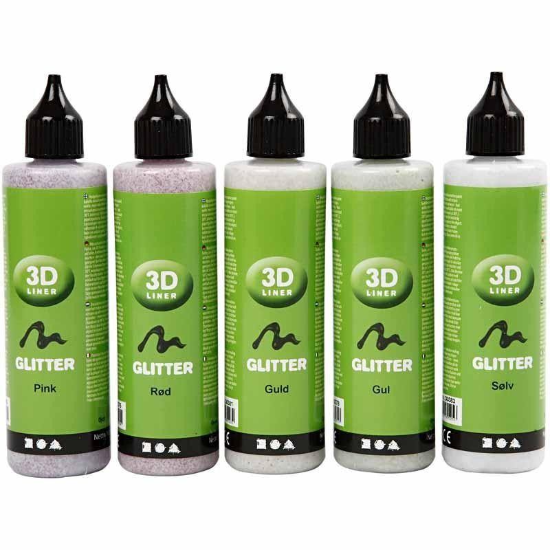 3D Liner Assorted Glitter Colour Paint For Cardboards Fabrics Painting 5 x 100 ml - Home - Crafts