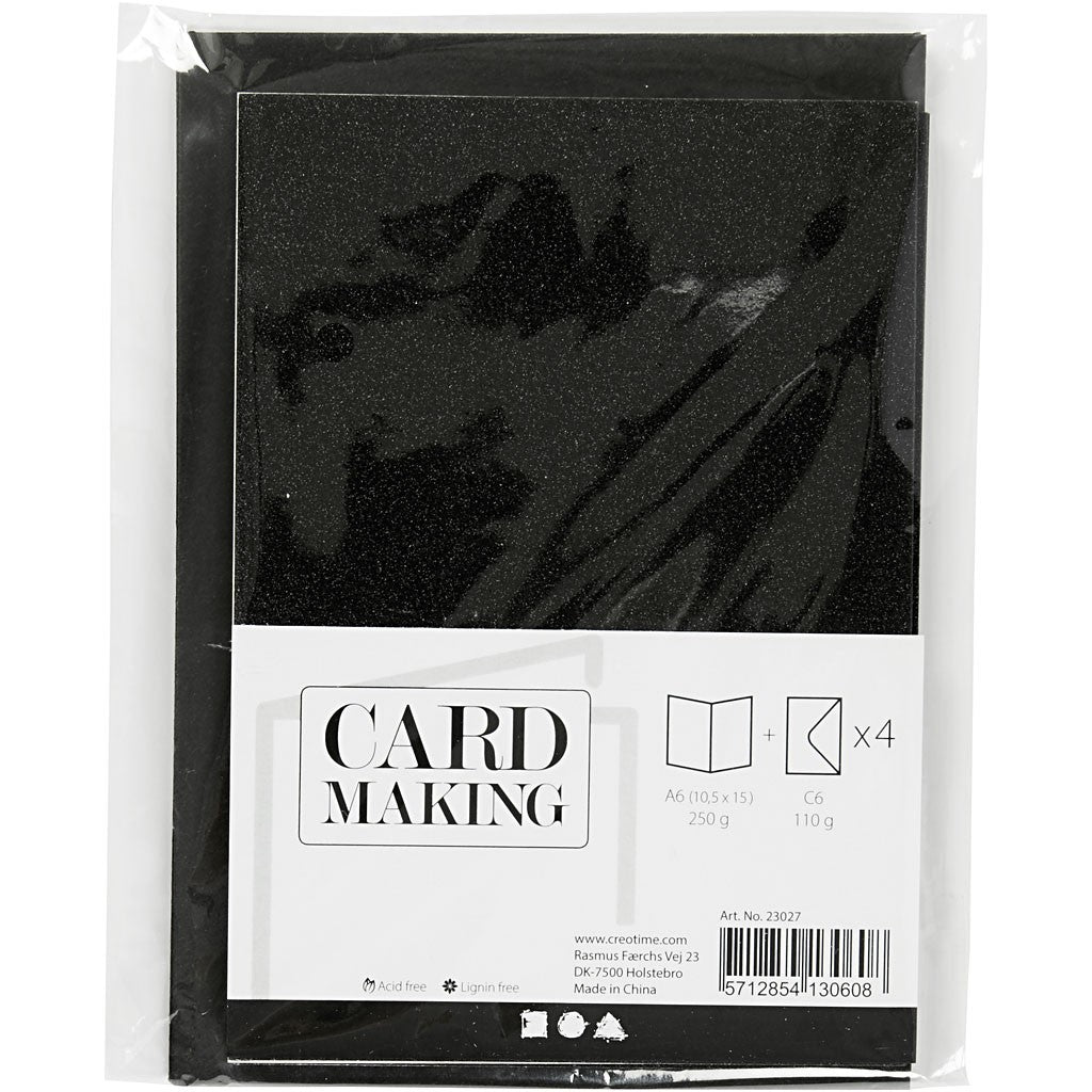 4 x Black Colour Glitter Cards Paper Envelopes For Greetings Decoration - Home - Crafts