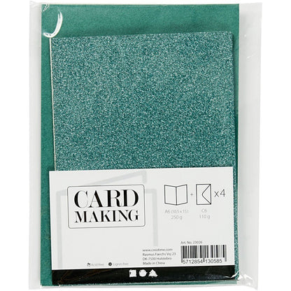 4 x Green Colour Glitter Cards Paper Envelopes For Greetings Decoration - Home - Crafts