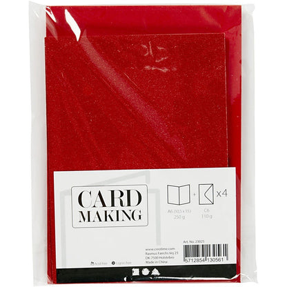 4 x Red Colour Glitter Cards Paper Envelopes For Greetings Decoration - Home - Crafts