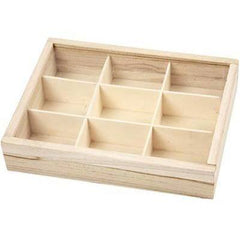 Plain Wooden Sliding Lid Display Box Storage 9 Compartments Decorate Craft - Hobby & Crafts