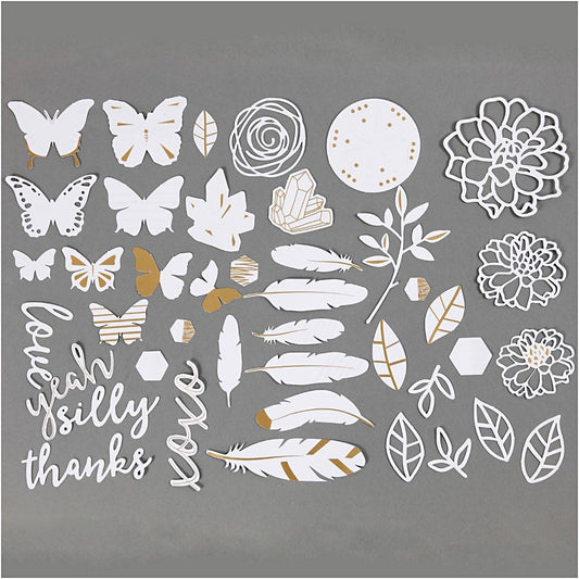 44 x Gold Motifs White Lacquer Watercolour Paper Cut Out Labels Scrapbooking - Home - Crafts