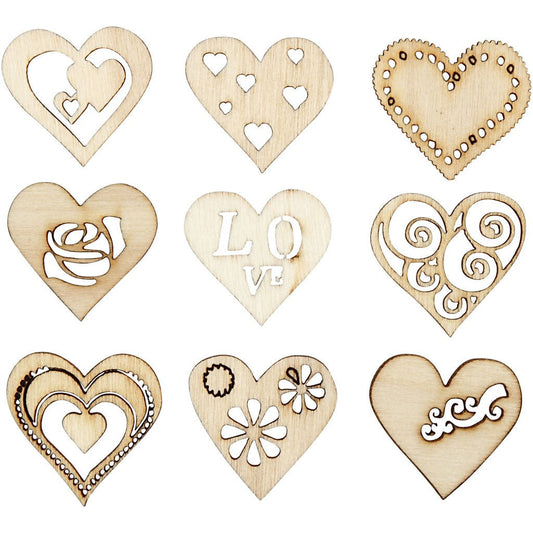 45 x Assorted Design Die Cut Wooden Hearts Decoration Figures Crafts 28 mm - Home - Crafts