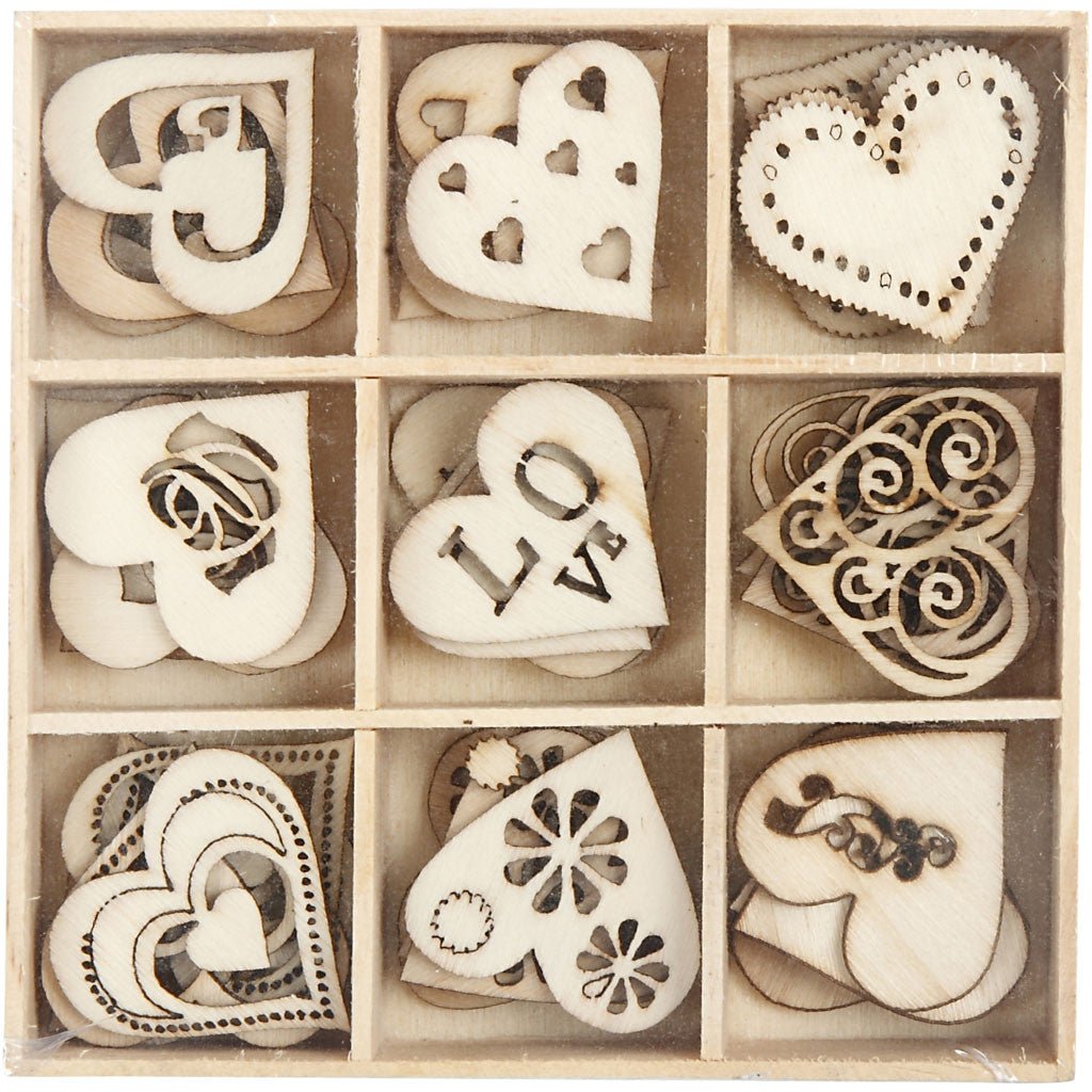 45 x Assorted Design Die Cut Wooden Hearts Decoration Figures Crafts 28 mm - Home - Crafts