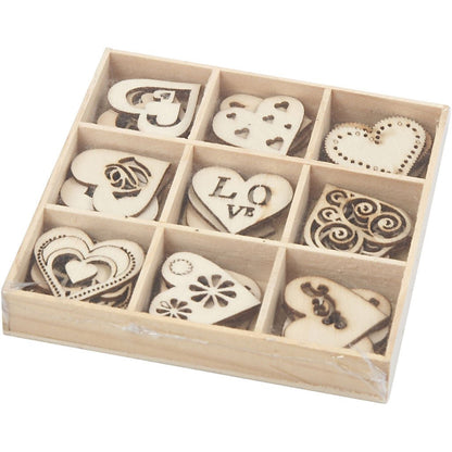 45 x Assorted Design Die Cut Wooden Hearts Decoration Figures Crafts 28 mm - Home - Crafts