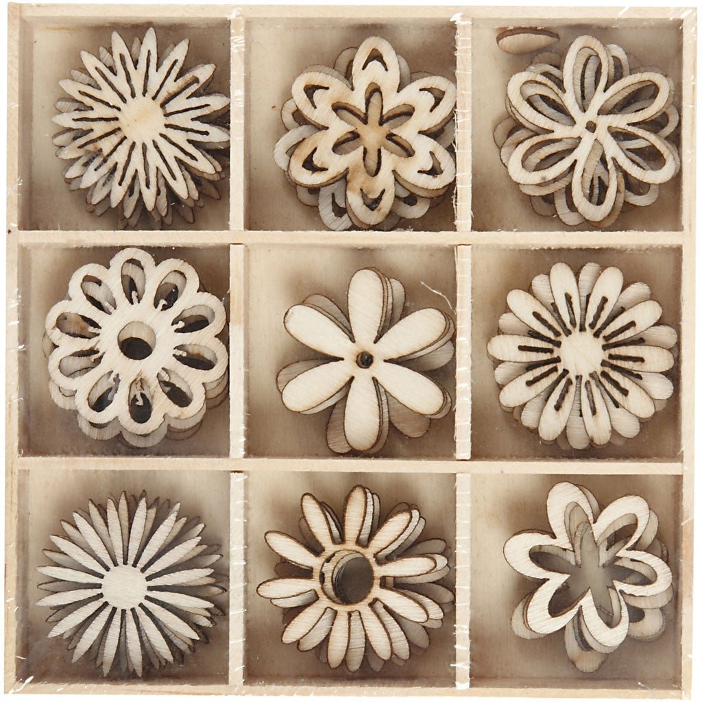45 x Wooden Die Cut Flowers With Compartment Box Decoration Crafts 28 mm - Home - Crafts