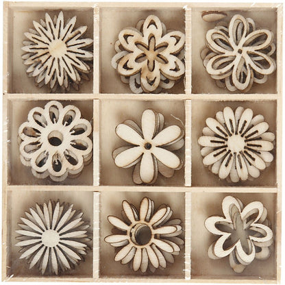 45 x Wooden Die Cut Flowers With Compartment Box Decoration Crafts 28 mm - Home - Crafts