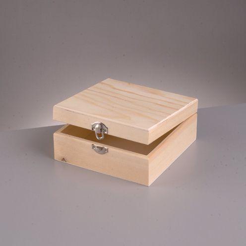 Wooden Square Box Untreated Pine Wood Clasp Closure 10 x 10 x 4 cm - Hobby & Crafts