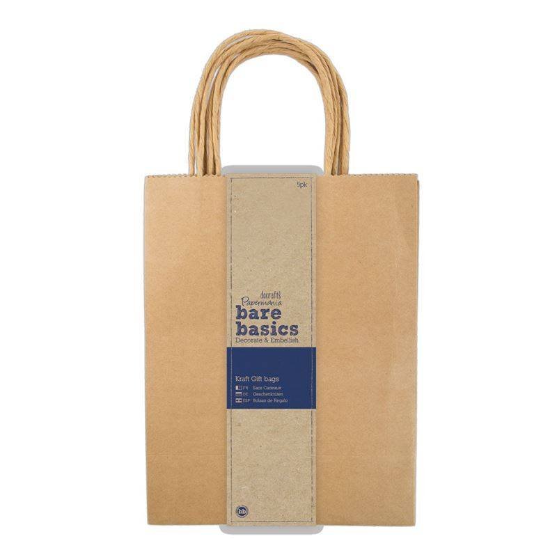 5 x Papermania Bare Basics Kraft Gift Large Bags With Twisted Handle 20cm x 26cm - Home - Crafts