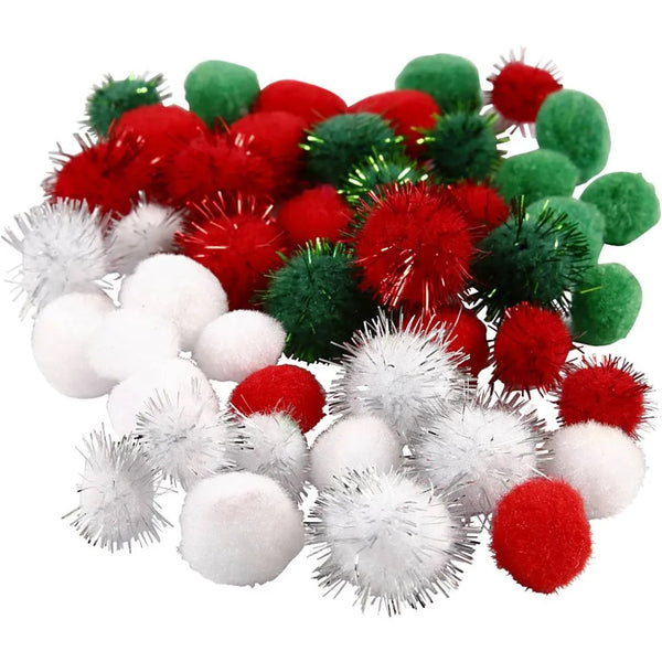 48 x Spherical Mixed Pompoms Green White Red Assorted Size Christmas Deco Crafts