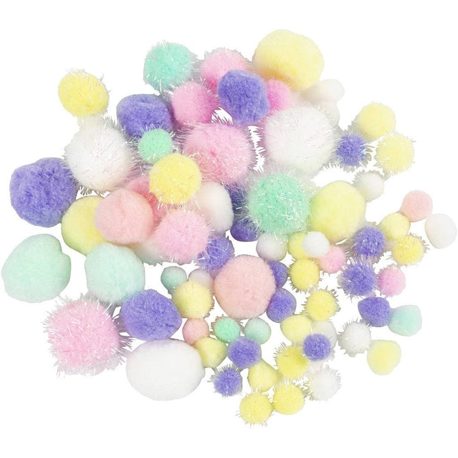 Pompoms 15-40mm Glitter Soft Plush Round Pastel Colours 62g Crafting Decor