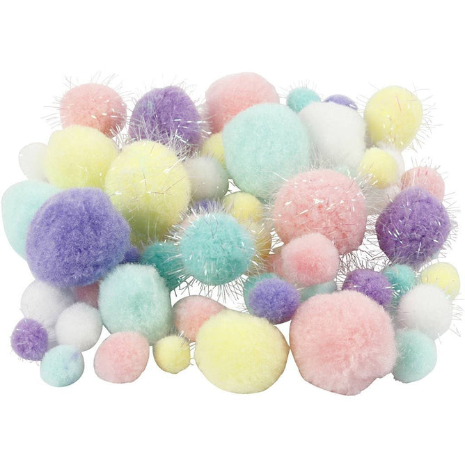 Pompoms 15-40mm Glitter Soft Plush Round Pastel Colours 62g Crafting Decor