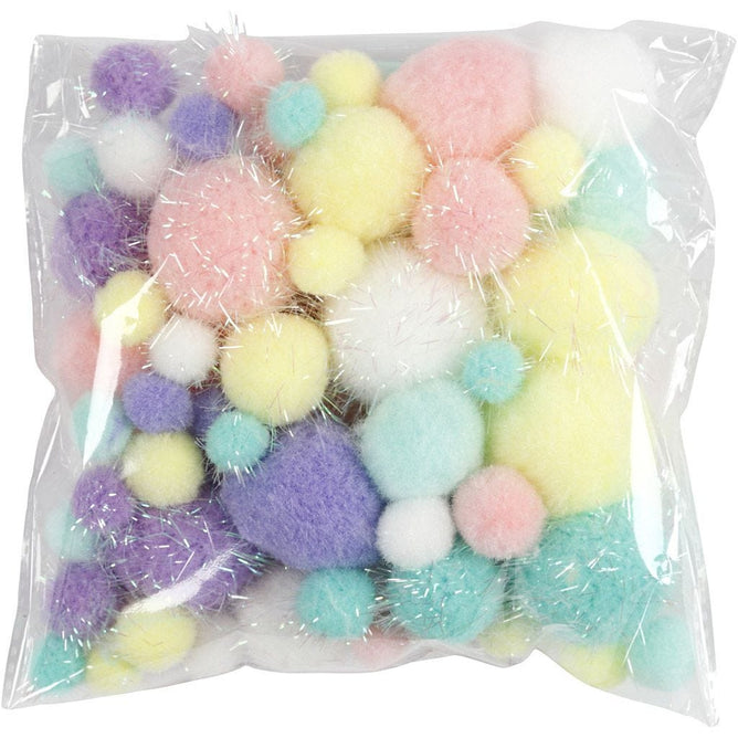 Pompoms 15-40mm Glitter Soft Plush Round Pastel Colours 62g Crafting Decor