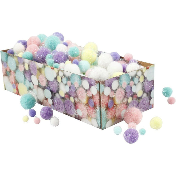 Pompoms Glitter Round Decoration 15-40mm Pastel Colours 400g Pack