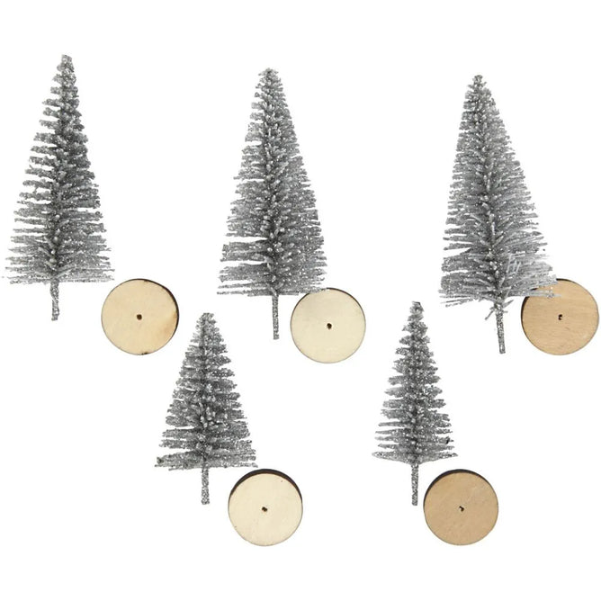 5x Christmas Silver Spruce Trees Cute Miniature Models Figures 4+6 cm