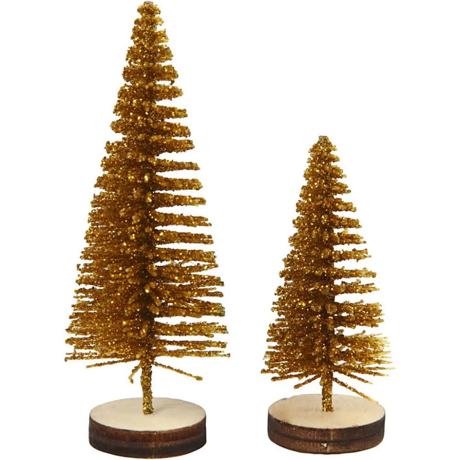 5x Christmas Golden Spruce Trees Cute Miniature Models Figures 4+6 cm