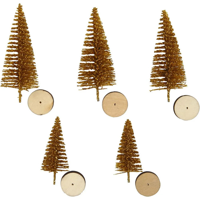 5x Christmas Golden Spruce Trees Cute Miniature Models Figures 4+6 cm