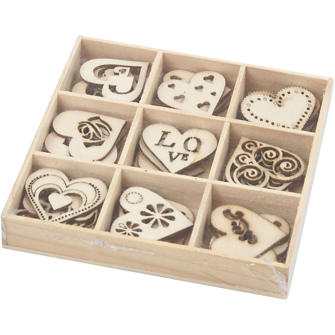 45 x Assorted Design Die Cut Wooden Hearts Decoration Figures Crafts 28 mm
