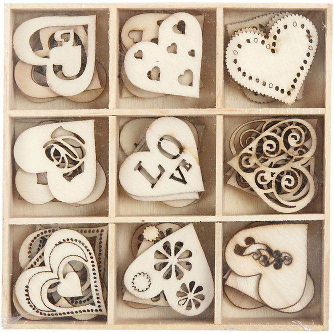 45 x Assorted Design Die Cut Wooden Hearts Decoration Figures Crafts 28 mm
