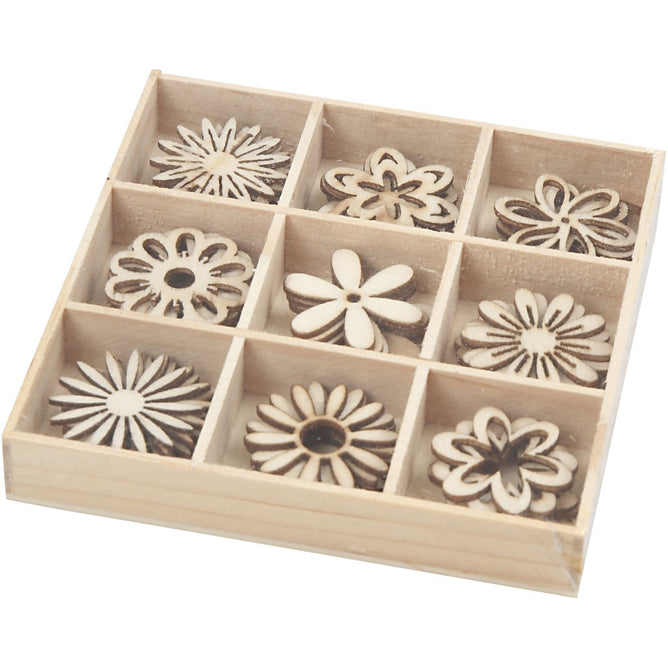 45 x Wooden Die Cut Flowers With Compartment Box Decoration Crafts 28 mm