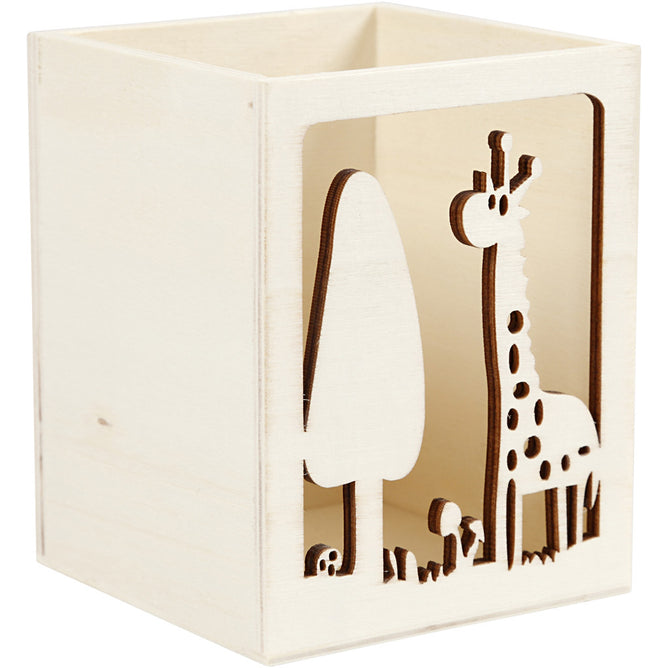 Light Wood Pencil Pen Holder With Punched Motif Stationery Decoration Crafts 10cm