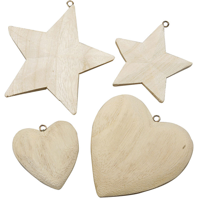 4 x Assorted Size Paulownia Wood Hearts Stars With Eye Hanging Decoration Crafts
