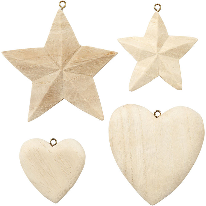 4 x Assorted Size Paulownia Wood Hearts Stars With Eye Hanging Decoration Crafts