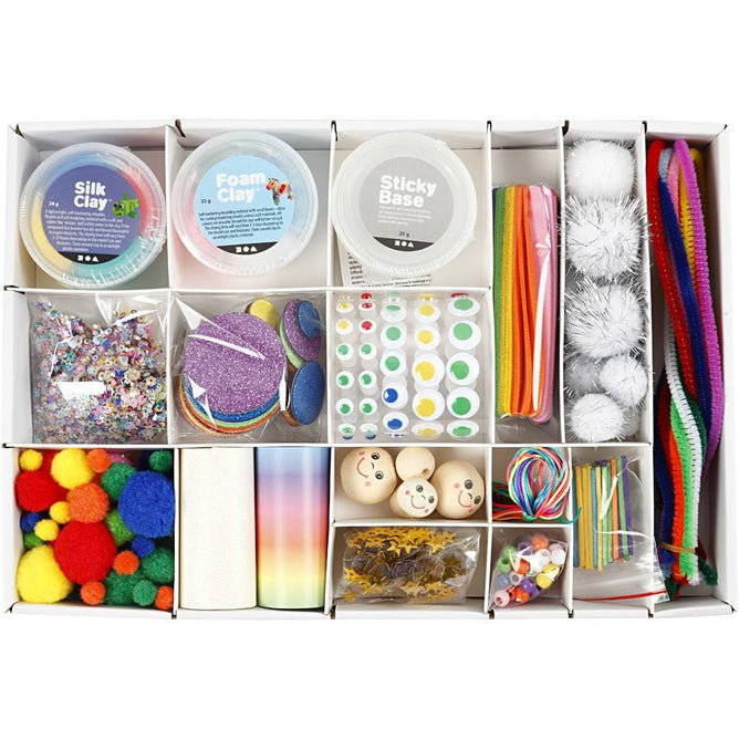 Creative Box  Clay Base Sequins Pom-Poms Eyes Beads Cord Glitter Sticks