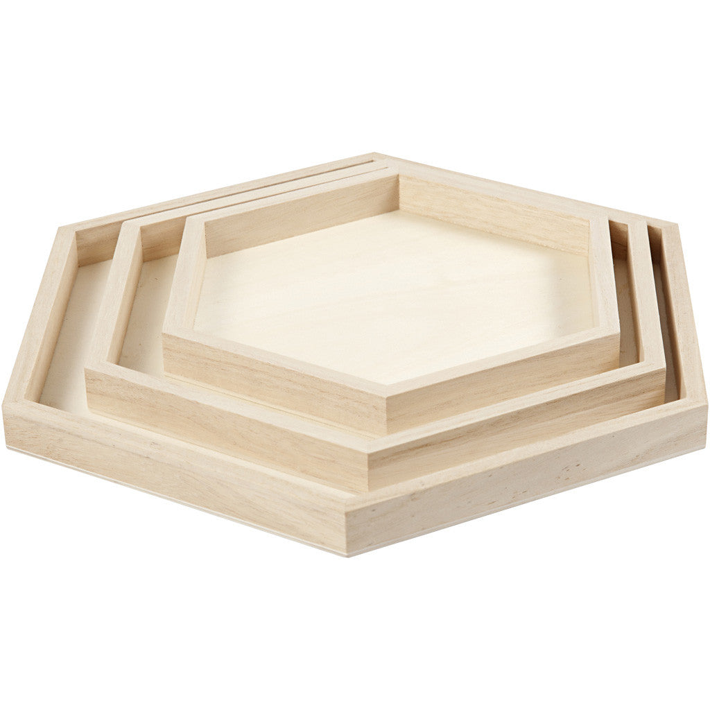 3 x Assorted Size Empress Wood Hexagonal Trays Serving Decoration Crafts