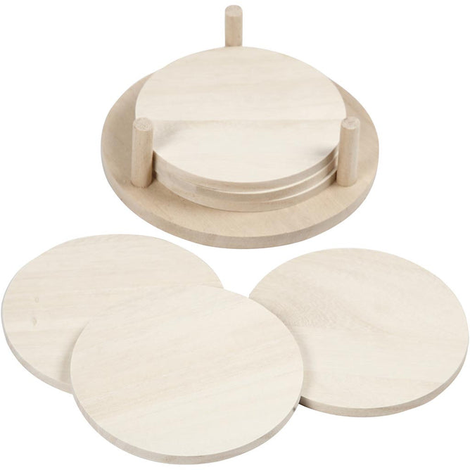 6 x Paulownia Wood Round Coasters With Holder Decoration Crafts D: 9.5 cm
