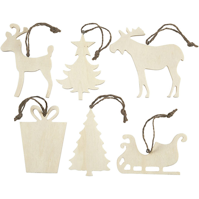 6 x Assorted Design Plywood Ornaments With Cord Christmas Decoration Crafts 7-9 cm