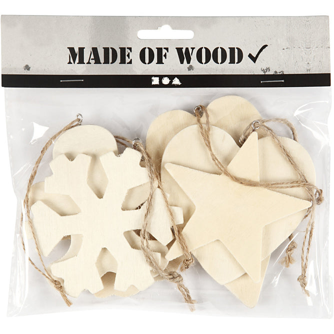 6 x Assorted Design Plywood Ornaments With Cord Christmas Decoration Crafts 9-11 cm