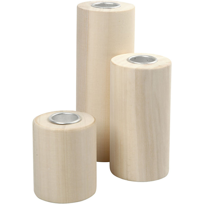 3 x Poplar Wood Cylindrical Candlesticks With Metal Holders Home Decoration Crafts D: 2.3 cm