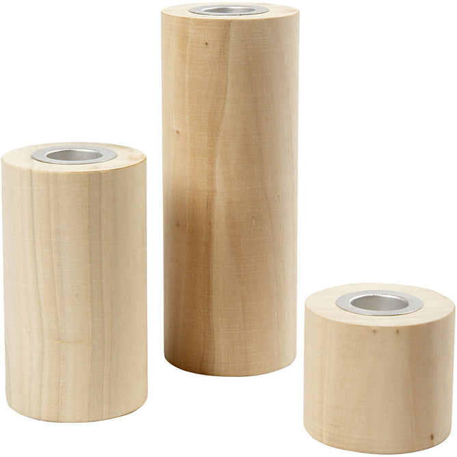 3 x Poplar Wood Cylindrical Candlesticks With Metal Holders Home Decoration Crafts D: 2.3 cm