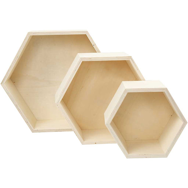 3 x Plywood Hexagonal Storage Boxes Decoration Crafts 10 cm