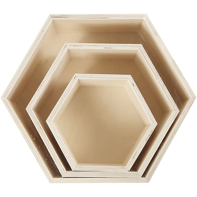 3 x Plywood Hexagonal Storage Boxes Decoration Crafts 10 cm