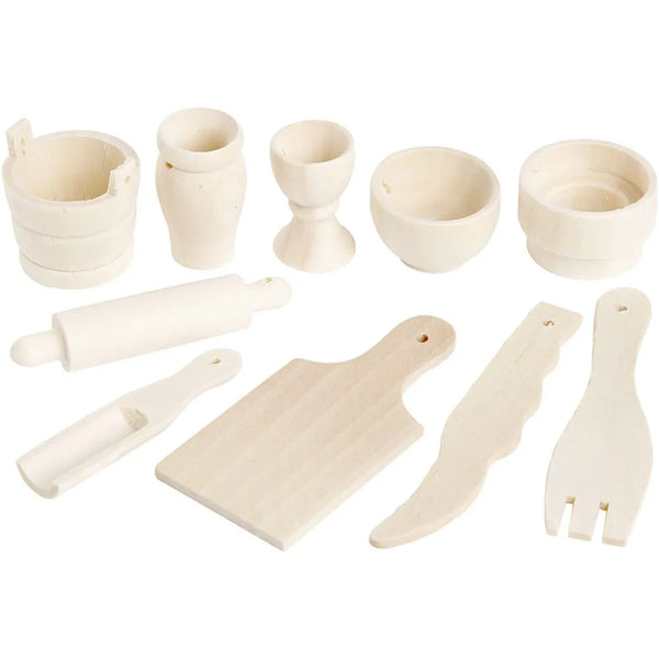 10 x Assorted Design Birch Wood Mini Kitchen Tools For Christmas Decorations