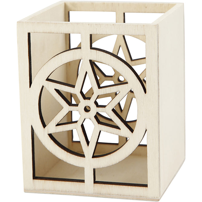 Plywood Square Shaped Lantern Pencil Holder With Star Motif Home Decoration Crafts 8x8x10 cm