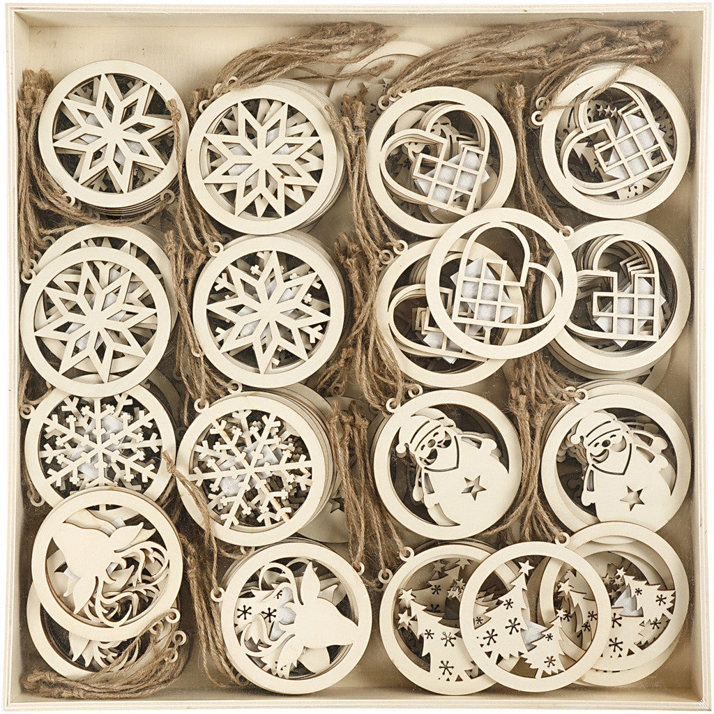 144 x Wooden Christmas Ornaments With Suspension Cord Hanging Decoration Crafts 8 cm