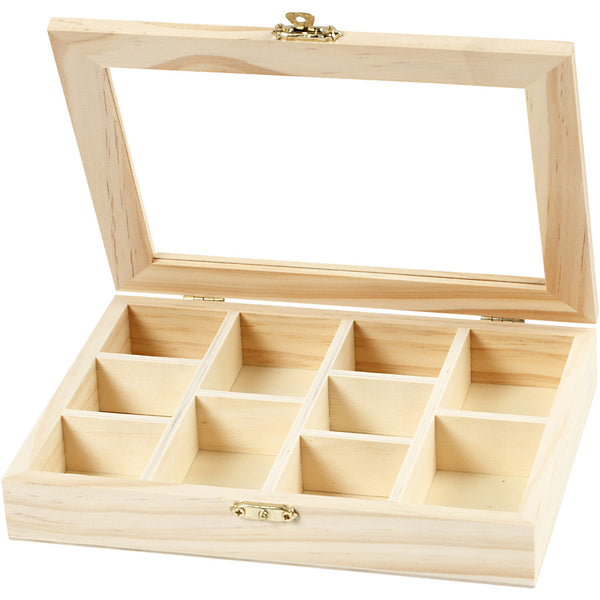 Wood Metal Clasp Storage Box With Glass Lid Decoration Crafts 15.5x20.5x3.5 cm